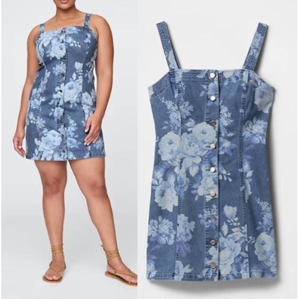 Gap Women's Floral Print Mini Dress Soft Stretch Cotton Party Denim Button Front